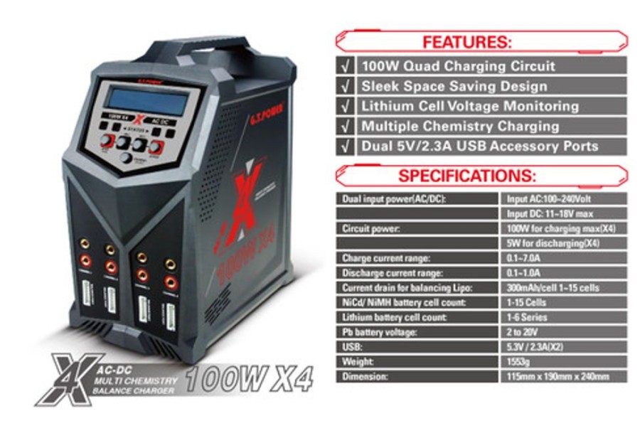 Multi Function Charger | Batt/Charger GT power Gt Power X4 Quad Charger 4X100W Ac/ Dc