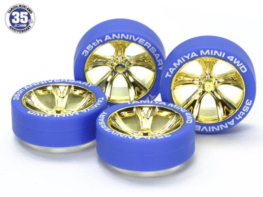 Parts Tamiya Tamiya - Blue Tires With Gold Plated A-Spoke Wheels 35Th Anniversary [95098]