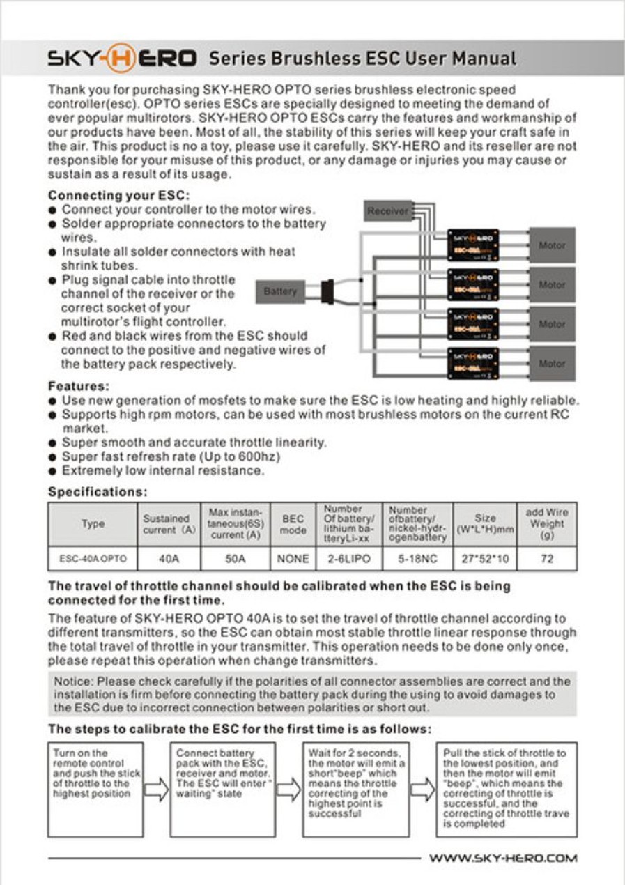 Air | Electronics Sky-Hero Sky Hero 40A 6S High Voltage Opto Esc W/Simonk Firmware