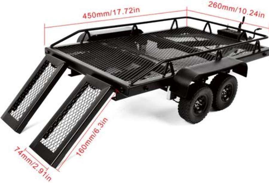 Crawler Accessories | Parts Hobby Station Hobbystation - Double Axle Car Trailer With Lights For 1/10Th Rc Cars (450X260Mm Bed Size)